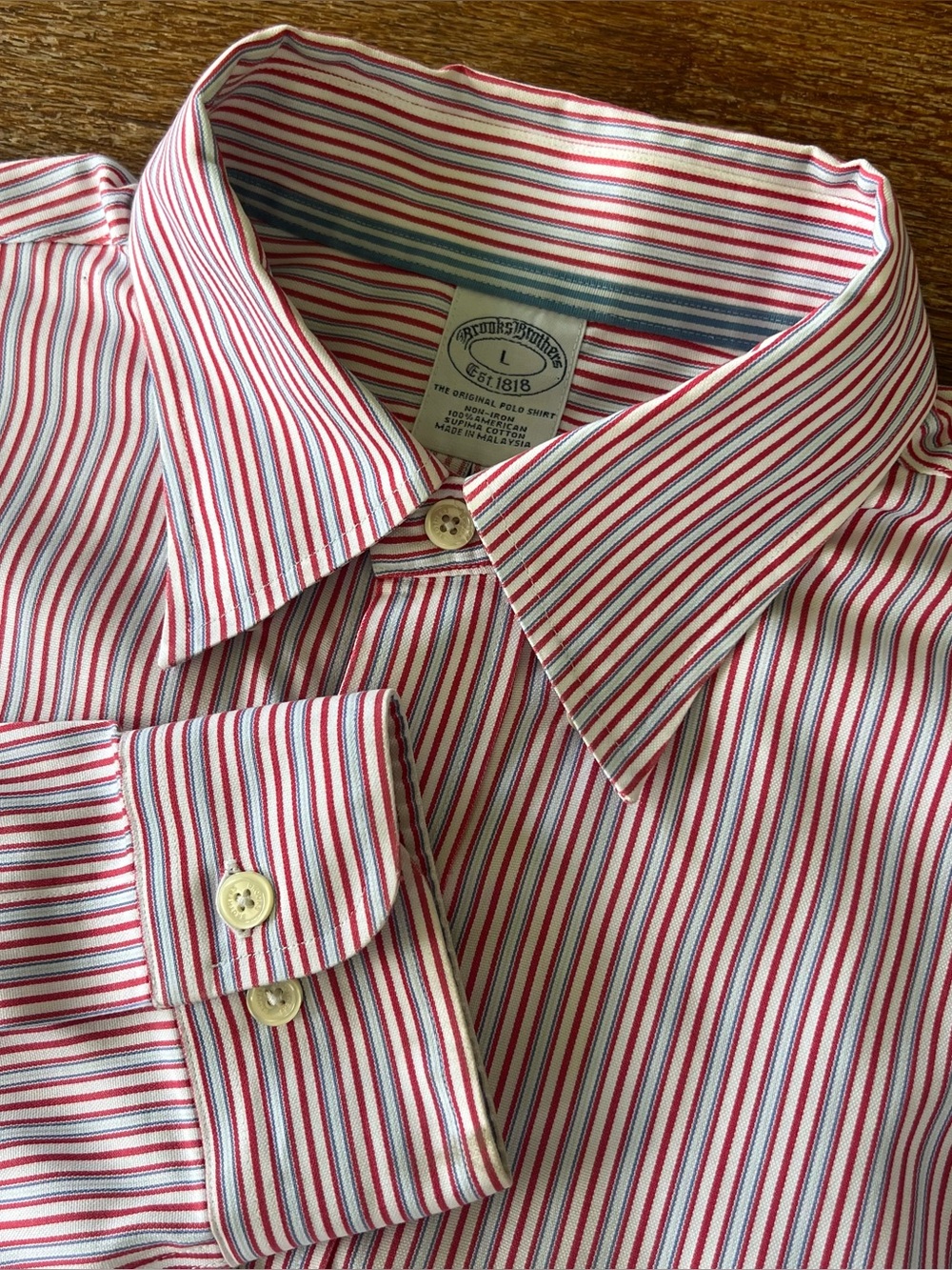 Brooks Brothers Original Polo Shirt Non Iron Supima Cotton Striped Red Blue Sz L